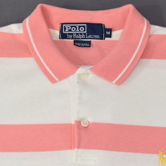 90s Polo Ralph Lauren Men's Iconic Polo Shirt Stripe Salmon Pink White Vintage M - Picture 2 of 13